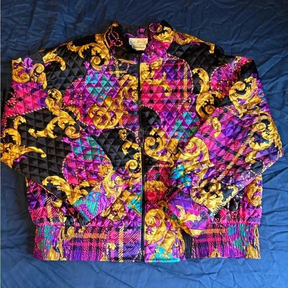 Ruth Norman Vtg Satin  Quilted Print Jacket, Neiman Marcus Size L - Picture 1 of 7